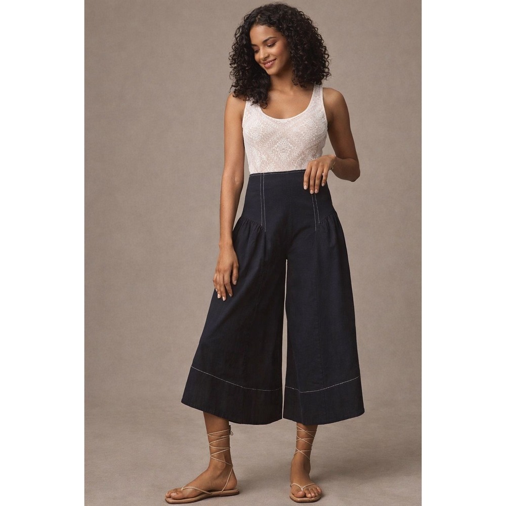 ANTHROPOLOGIE New Wide Leg Pants Navy 8 Tall Linen 19-3923 High Waist Crop Flowy